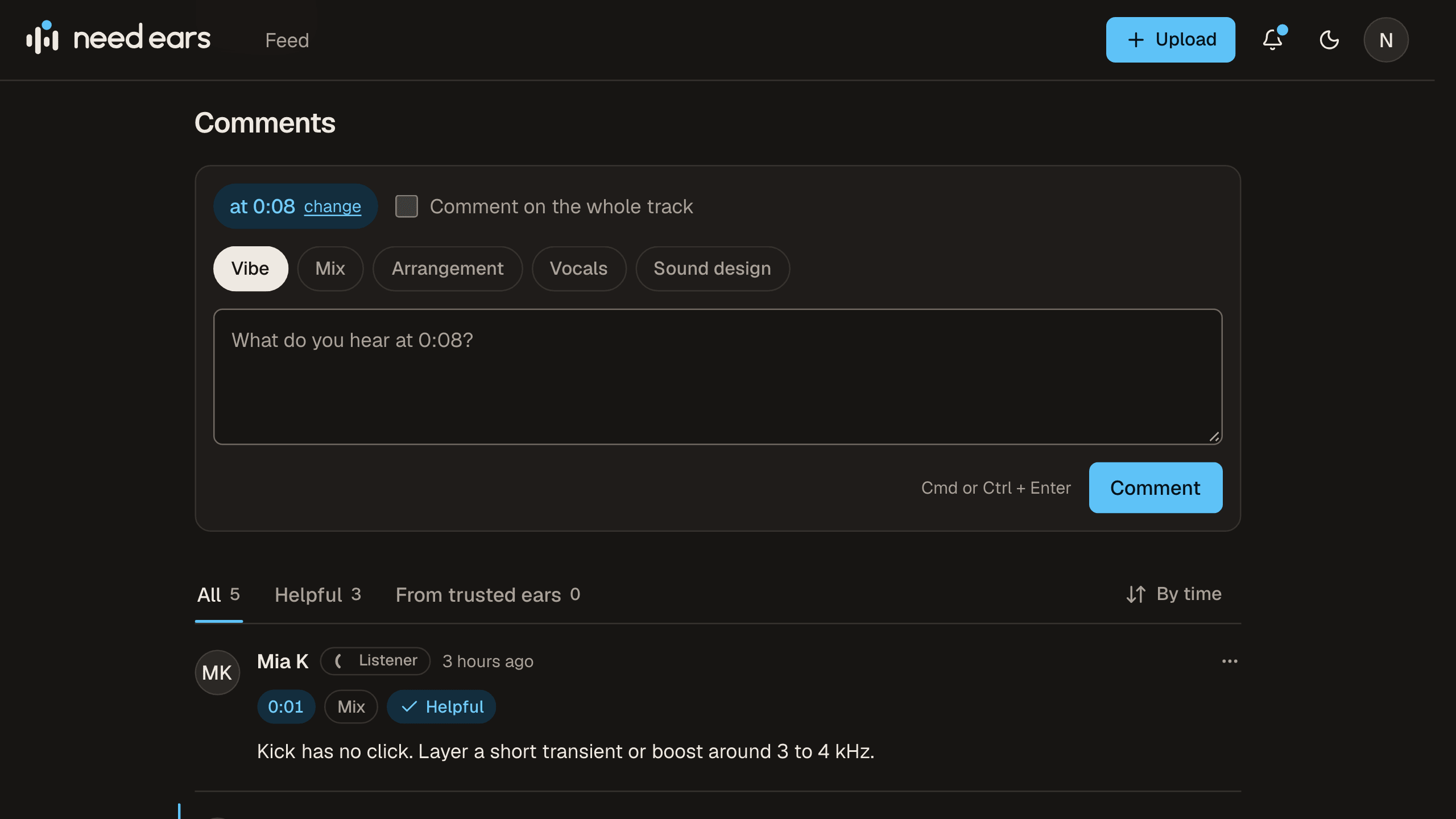 Kommentarfeltet ved 0:08 med kategoriene Vibe, Mix, Arrangement, Vocals og Sound design, og en kommentar merket Helpful under.